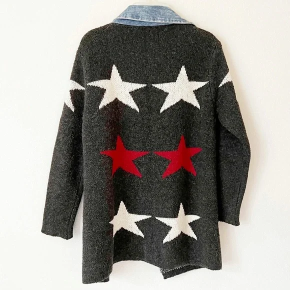 WOOL STAR PRINT CARDIGAN DENIM TRIM OPEN FRONT COLLARED SWEATER COAT GRAY Siz… - Picture 13 of 13